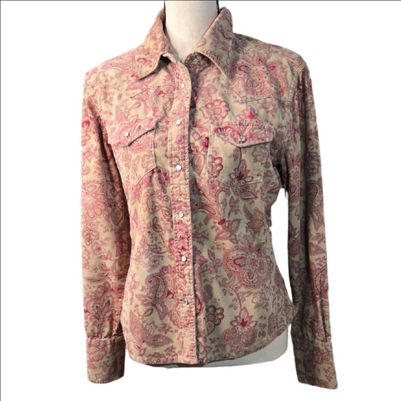 Levi's Tops - Levi Western Rodeo Corduroy Paisley Pearl-Snap Shirt in Pink and Tan Long Sleeve